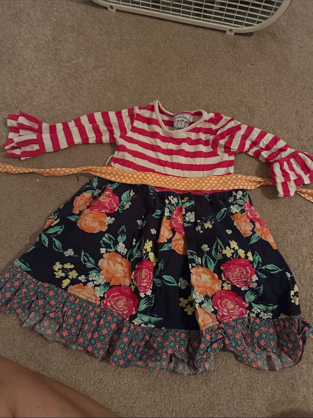 3 sisters Girls Navy Floral Mix-Media Dress with Pink Striped Top